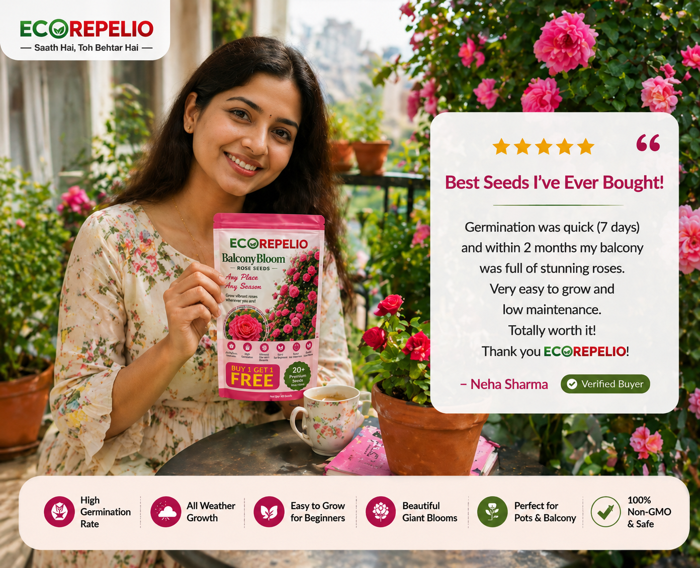 BalconyBloom Rose Seeds + Plant Booster Stick Free By Ecorepelio